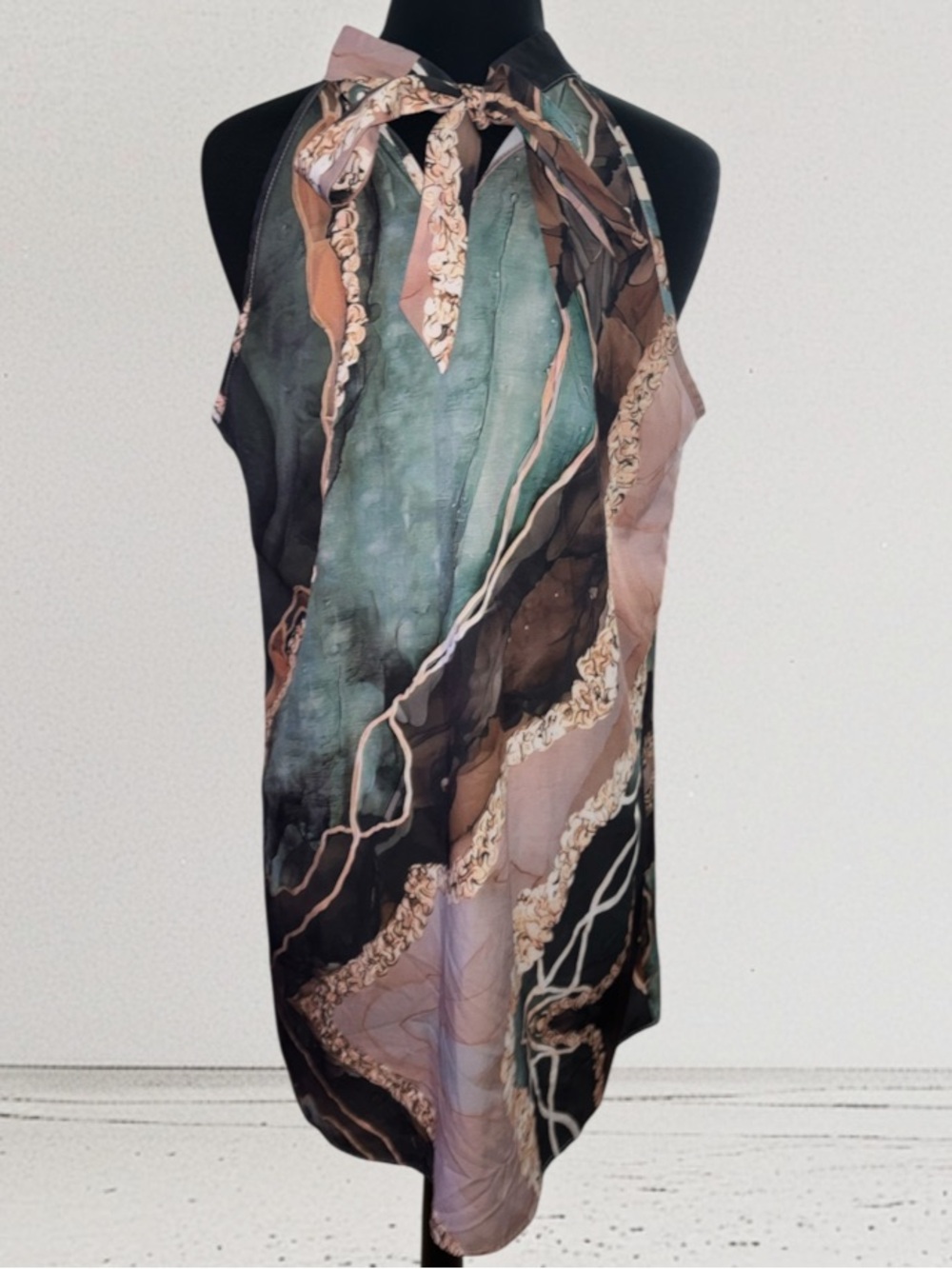 Open-Shoulder Printed Halter Dress in Teal/Peach, P2P:21”, L:37” - Picture 6 of 10